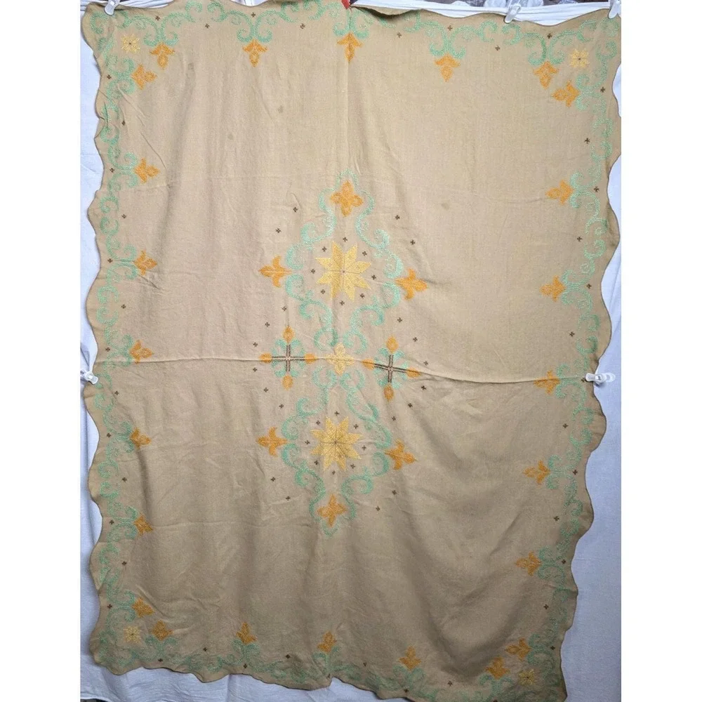 Vintage Cross Stitch Tablecloth 71 x 108 Scalloped Edge Mint Green Orange MCM